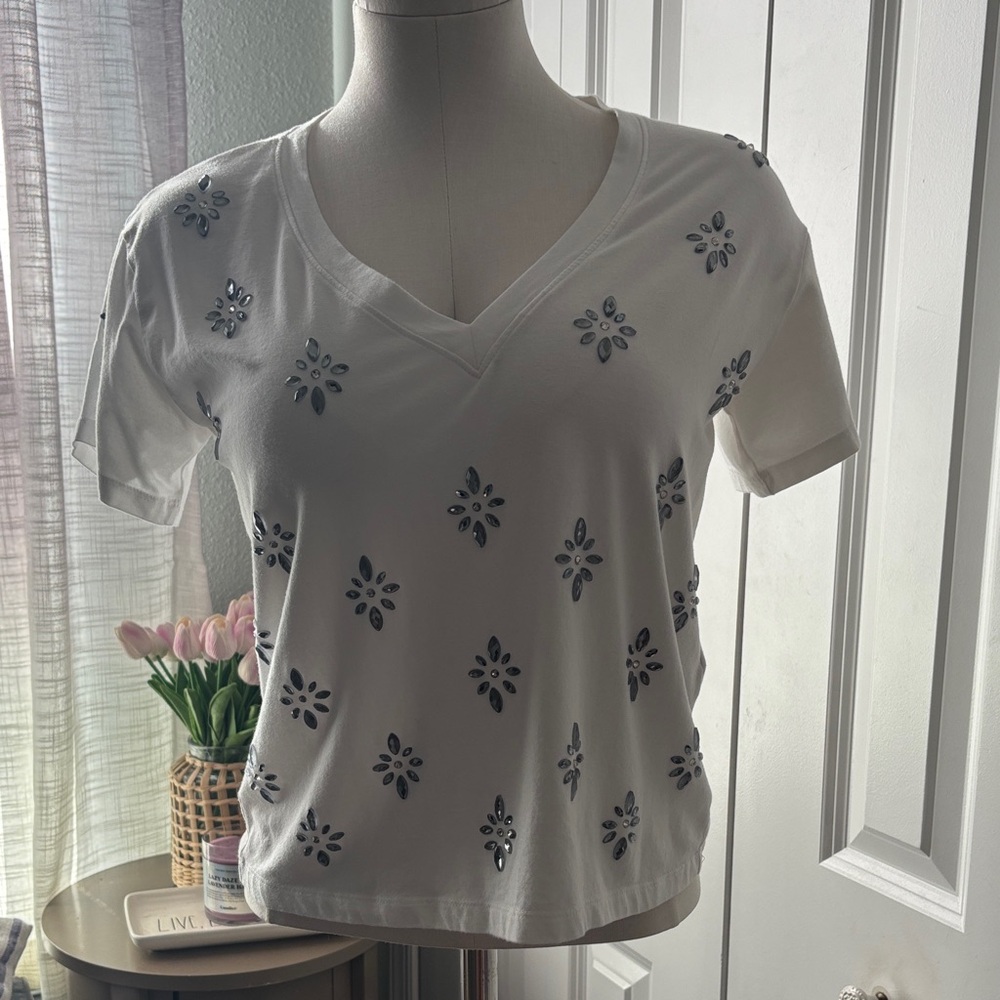 White House Black Market White Short Sleeve V-Neck Top with Jewel Accents